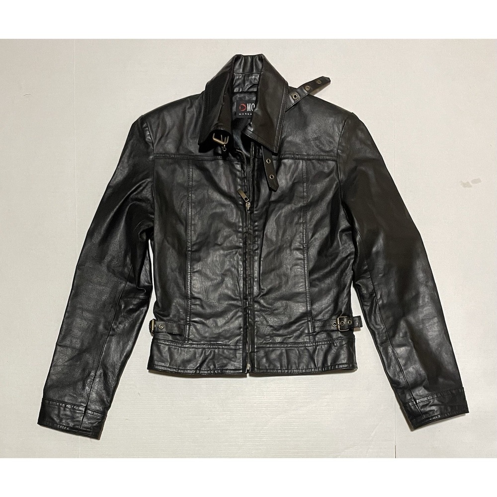 VTG Morgan De Toi Y2K Black Pig Split Leather Biker Jacket 1 XS/S Throat Latch